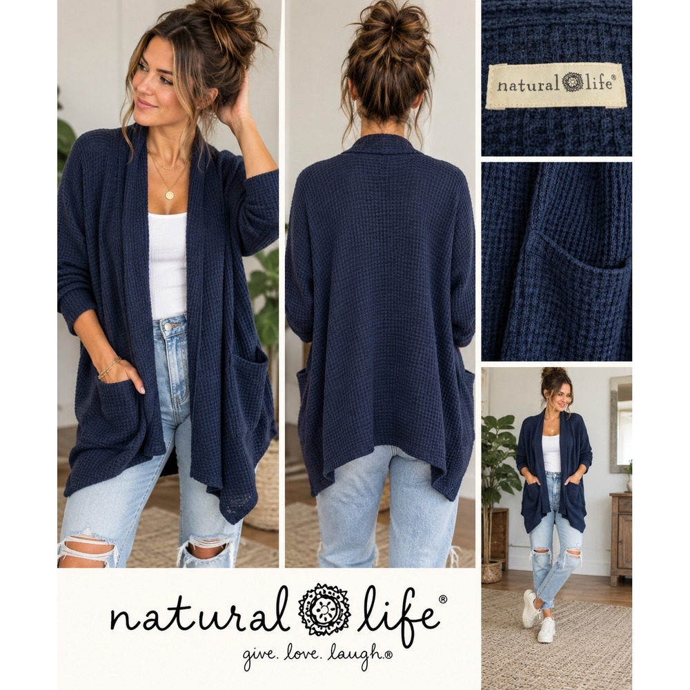 Natural Life Cardigan Womens Navy Blue‎ Waffle Knit Open Front Draped Pockets